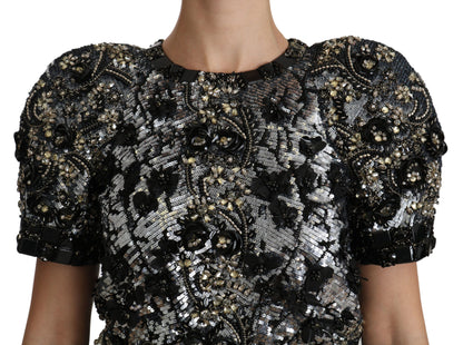 Dolce & Gabbana Sequined Crystal Embellished Crew Neck Top in Black