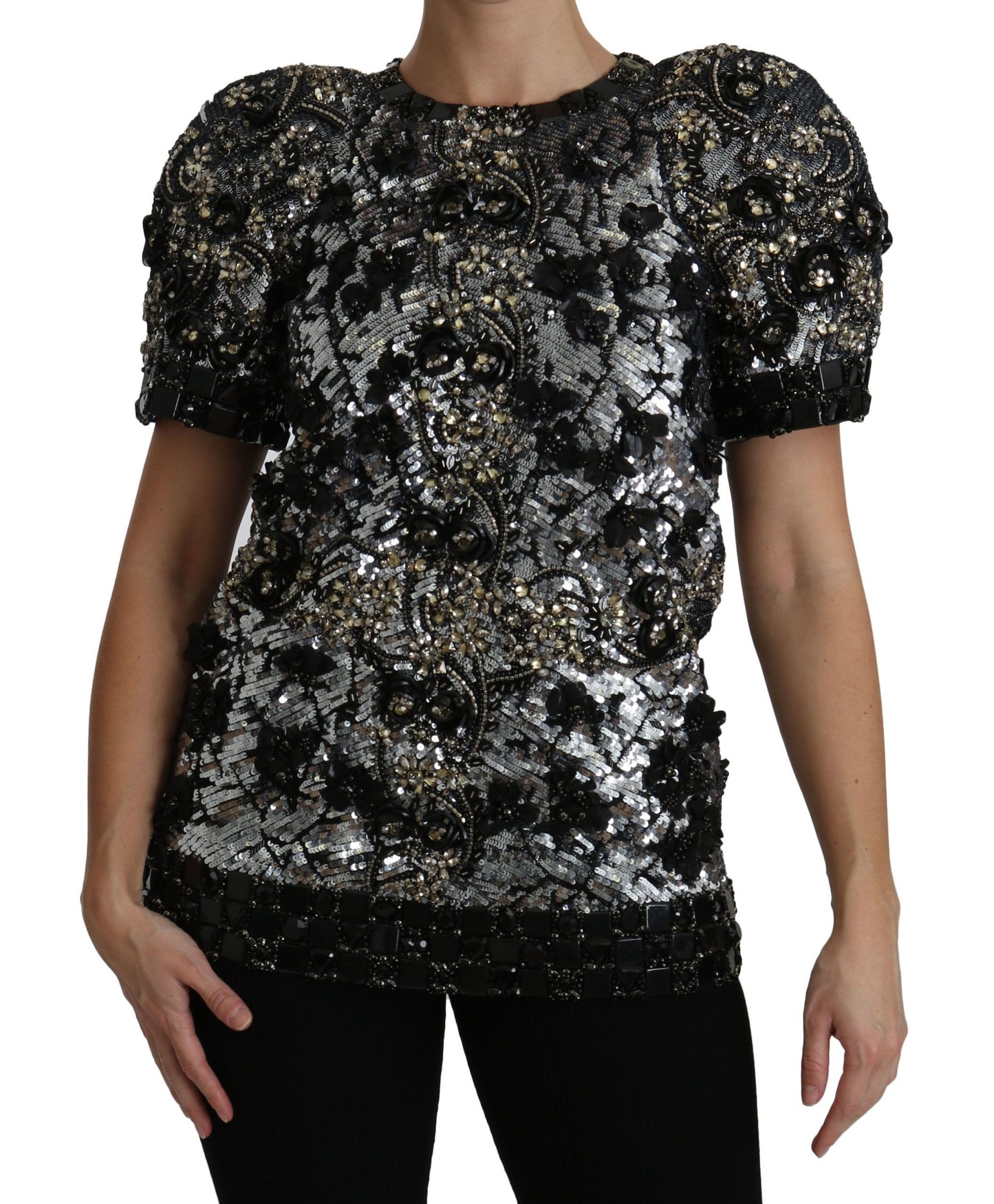 Dolce & Gabbana Sequined Crystal Embellished Crew Neck Top in black