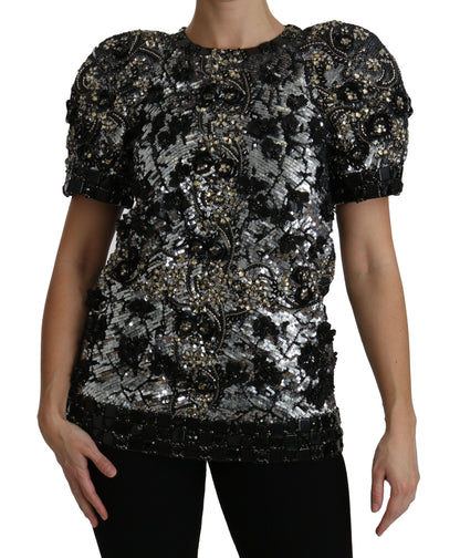 Dolce & Gabbana Sequined Crystal Embellished Crew Neck Top in black