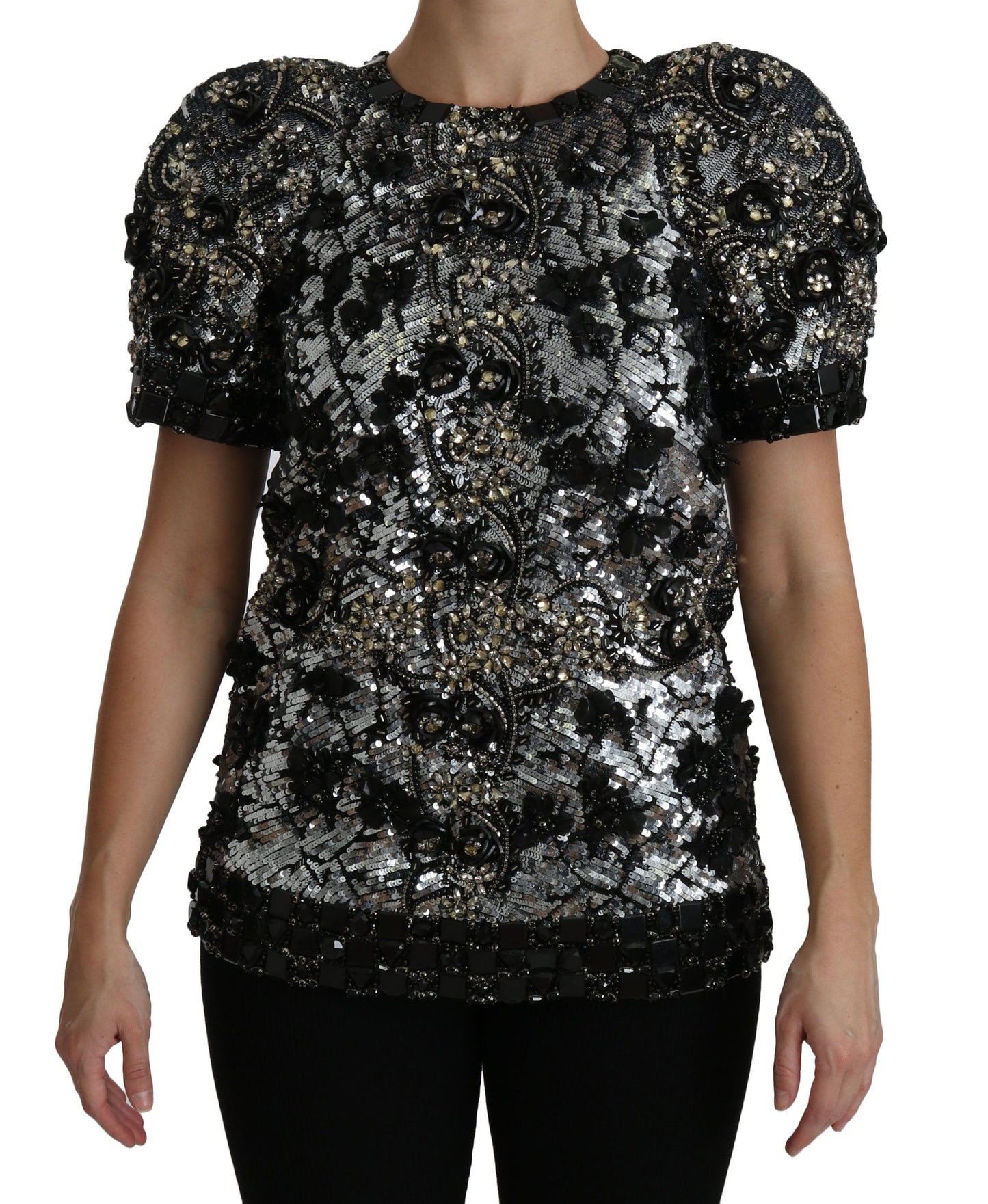 Dolce & Gabbana Sequined Crystal Embellished Crew Neck Top in Black