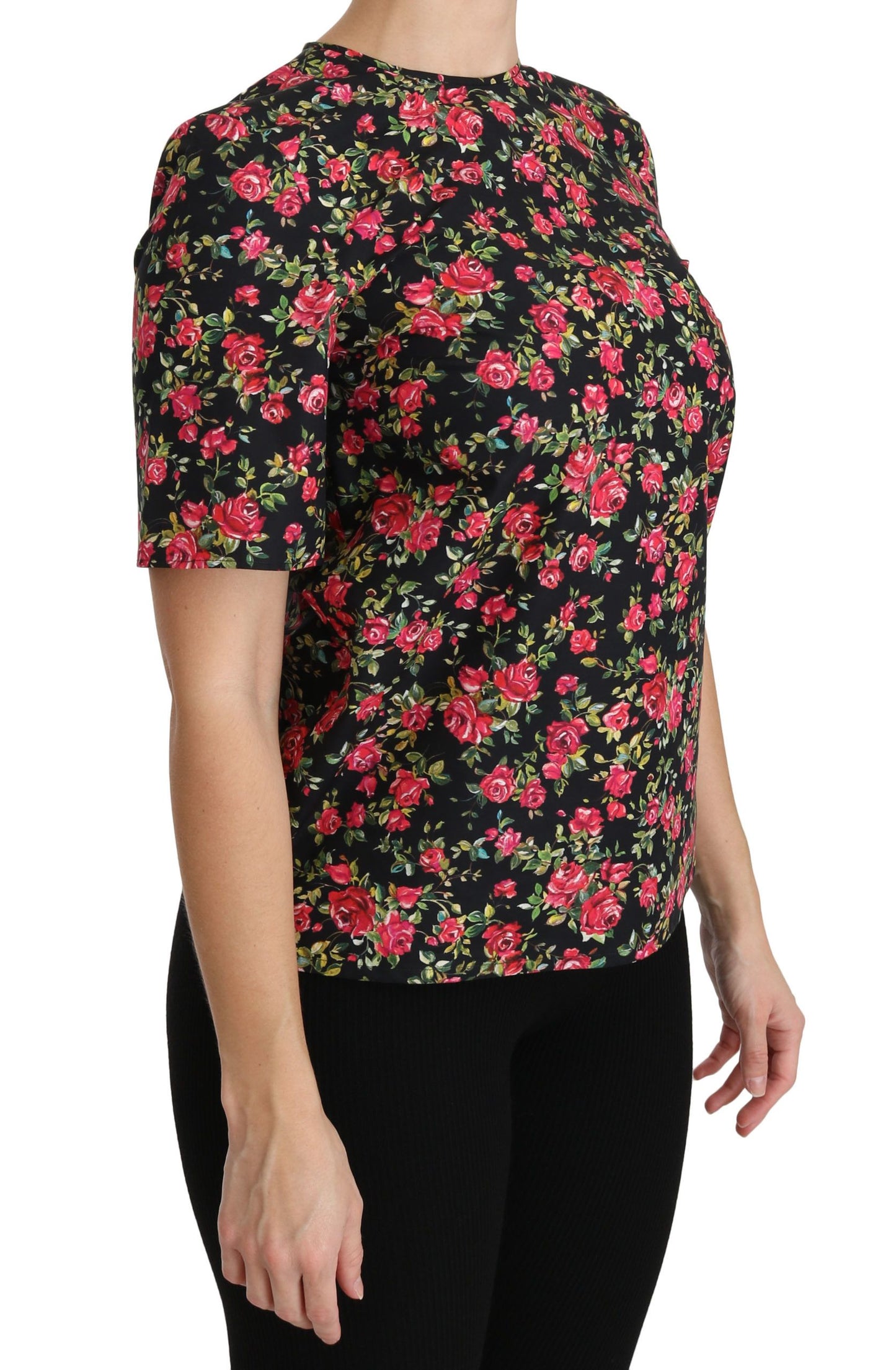 Luxurious Dolce & Gabbana Crew Neck Short Sleeve Top with Black Floral Roses Print