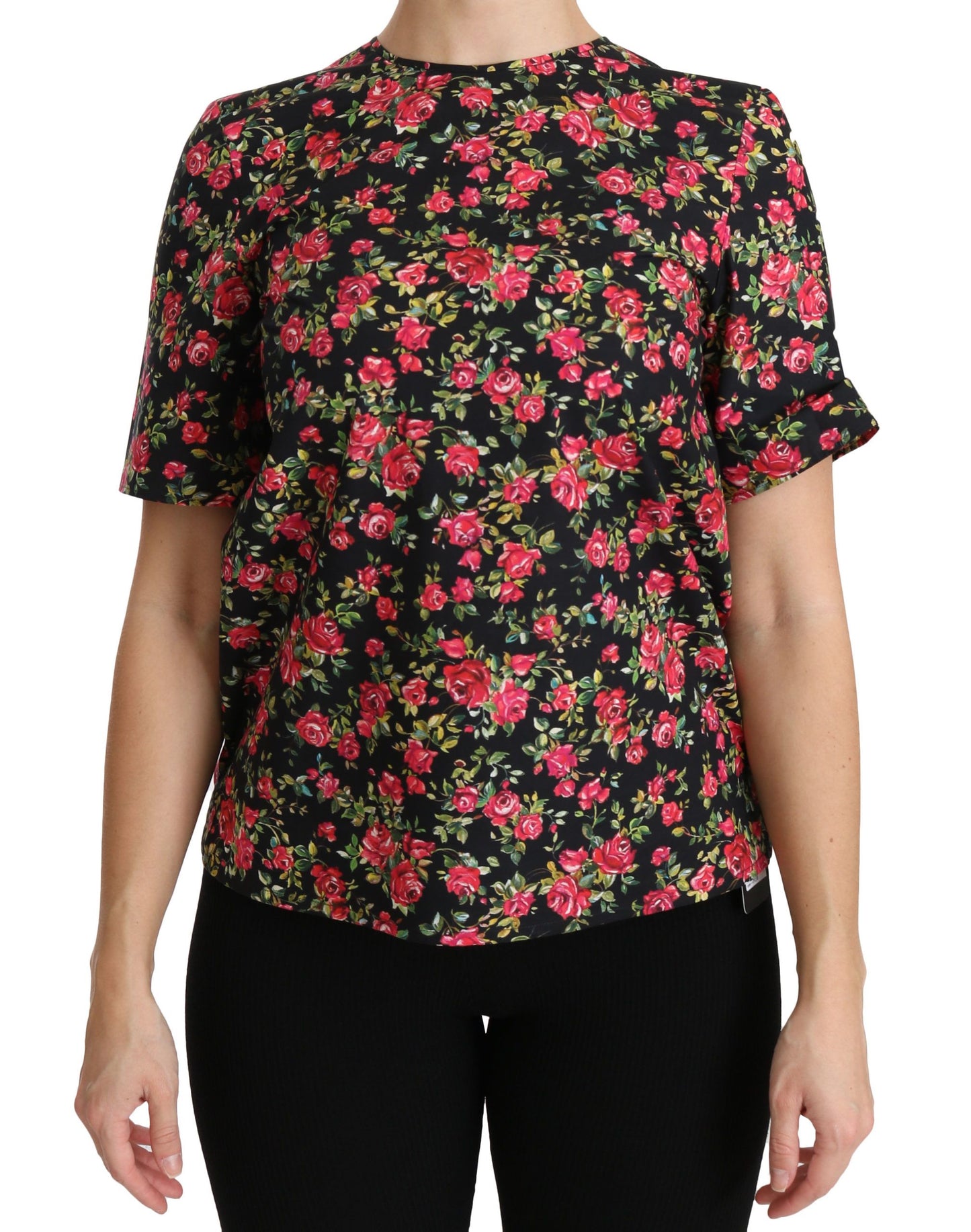 Dolce & Gabbana Elegant Black Floral Crew Neck Top in 100% Cotton