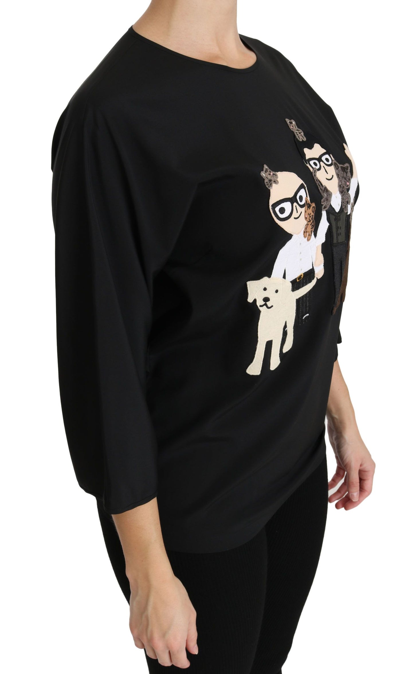 Luxurious Italian black silk stretch top with iconic dgfamily embroidery