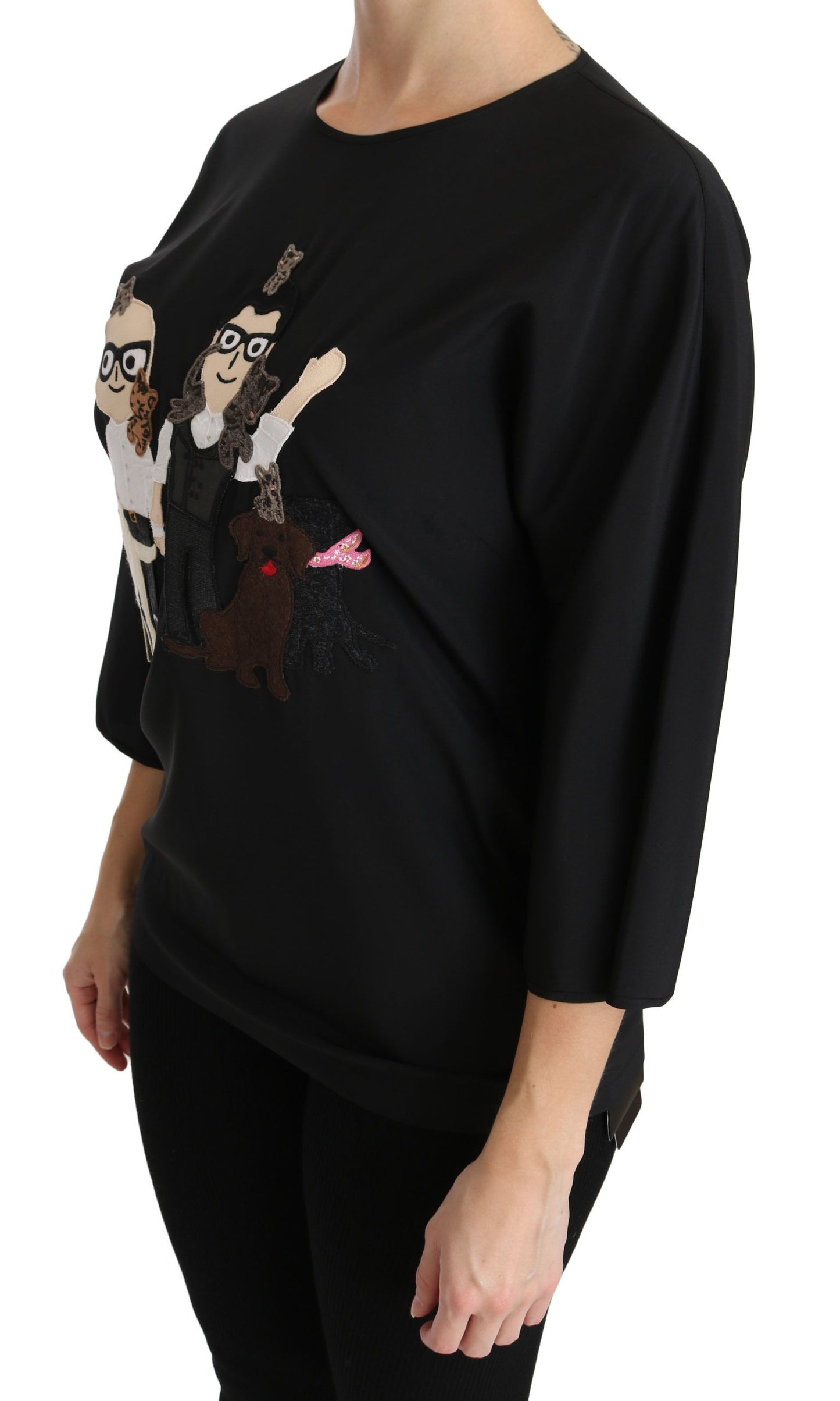Elegant crew neck top in black silk with multicolor dgfamily embroidery