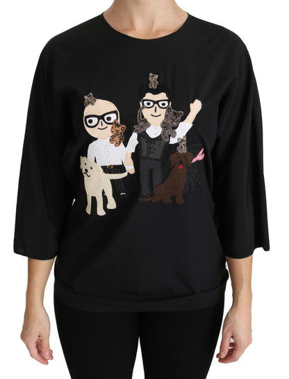 Dolce & Gabbana black silk stretch embroidered top with dgfamily motif