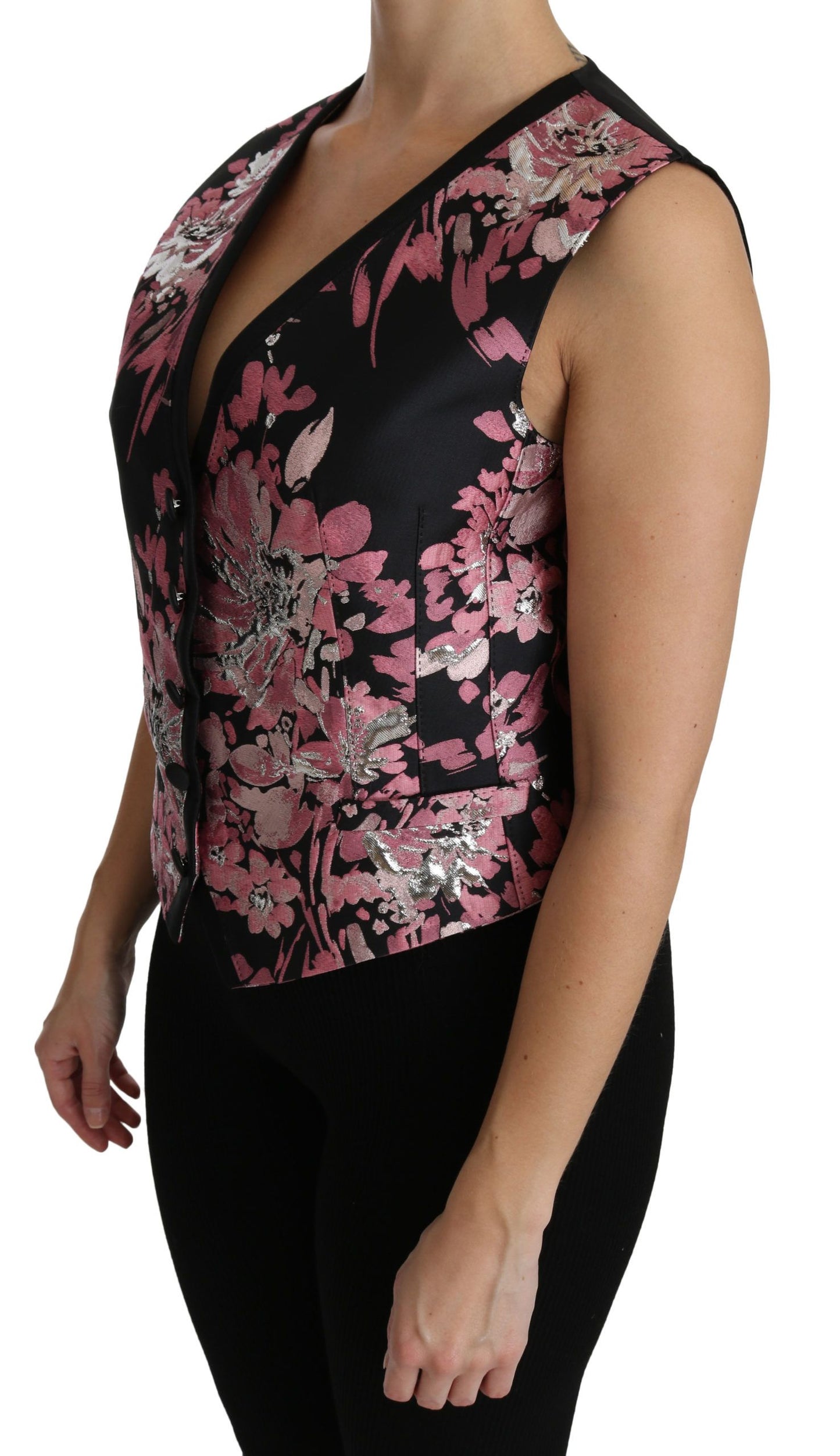 Italian-made Dolce & Gabbana Plunging Vest Top in Black with Striking Floral Brocade Details
