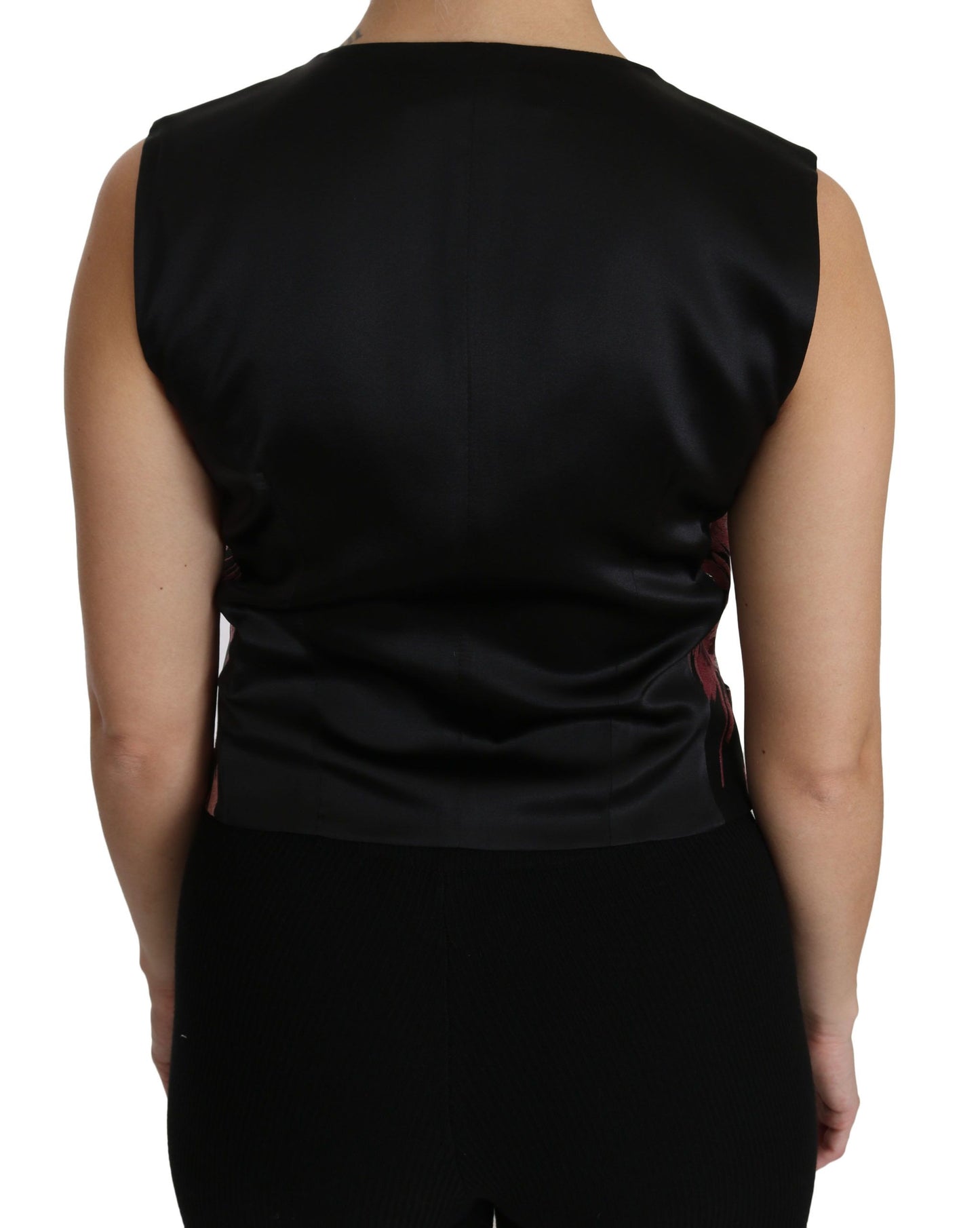 Exquisite Dolce & Gabbana Elegant Floral Brocade Plunging Vest Top in Luxurious Black with Pink Floral Design