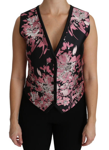 Dolce & Gabbana Elegant Floral Brocade Plunging Vest Top in Black with Pink Floral Brocade Design and Sleeveless Cut
