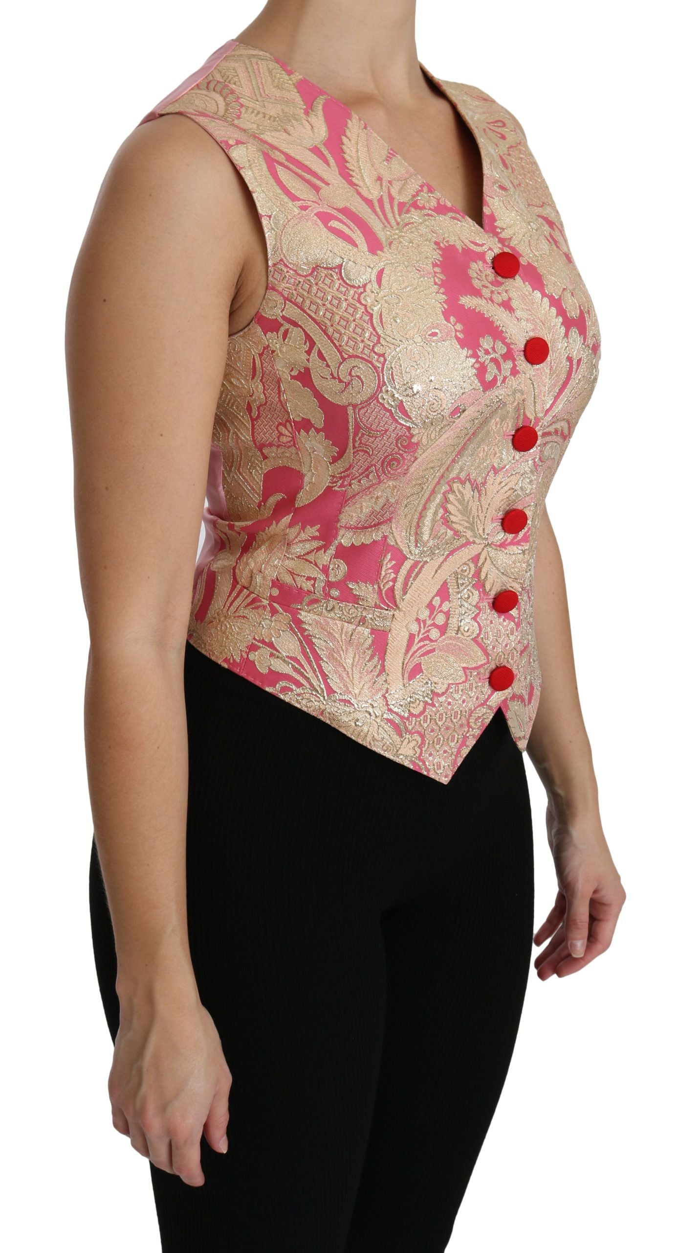 Luxurious Italian-made sleeveless vest top with rich brocade pattern in pink and gold