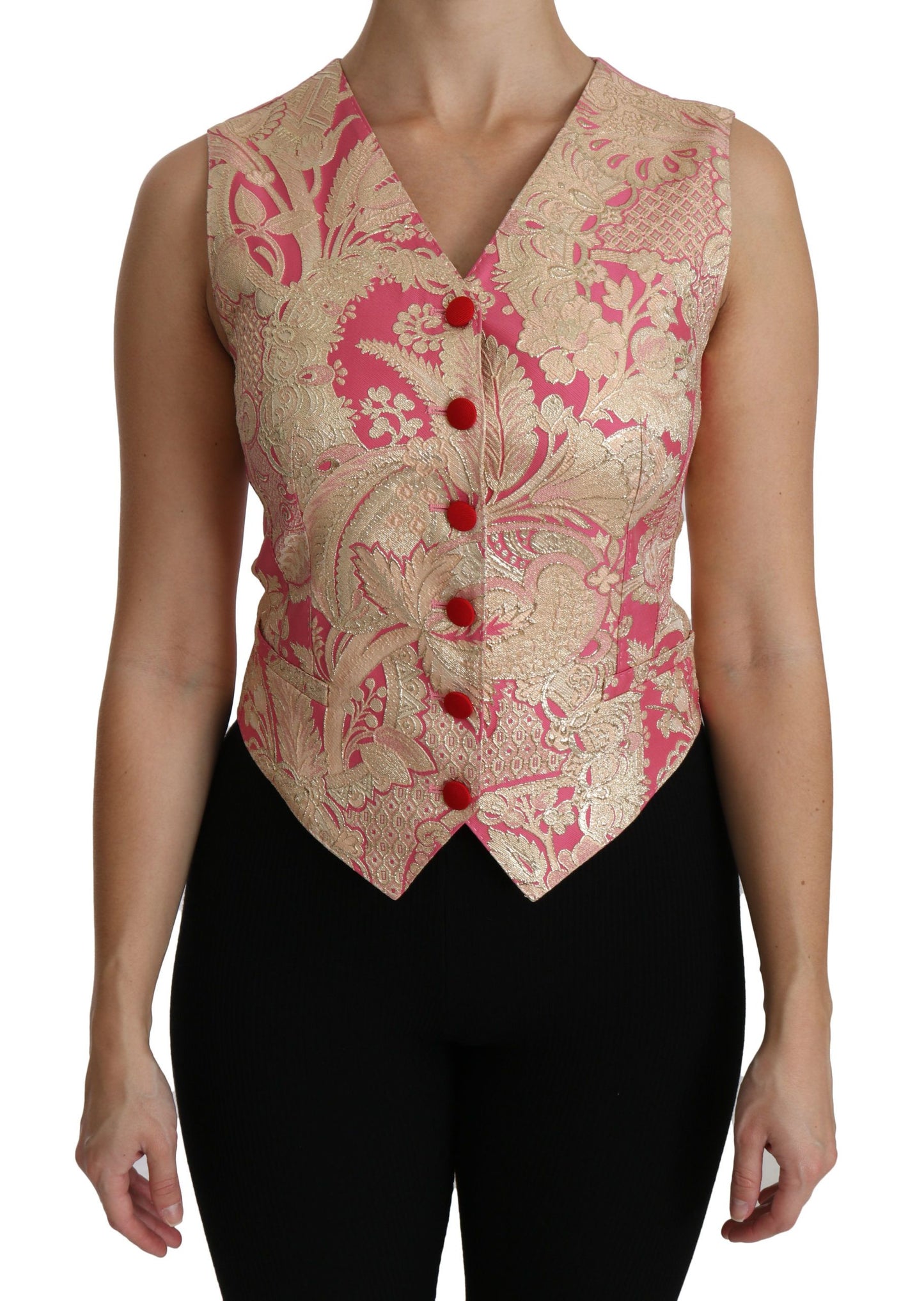 Dolce & Gabbana Elegant Silk Blend V-Neck Vest Top in Gold and Pink with Brocade Pattern and Subtle Logo Details