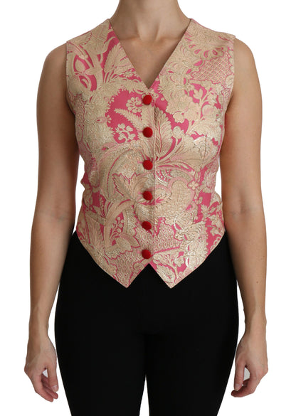 Dolce & Gabbana Elegant Silk Blend V-Neck Vest Top in Gold and Pink with Brocade Pattern and Subtle Logo Details