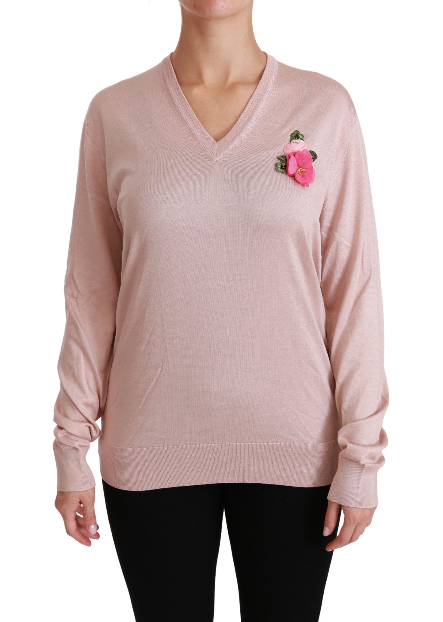 Dolce & Gabbana Pink Floral Silk V-Neck Sweater with Logo Details