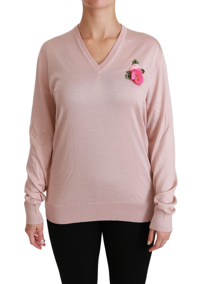 Dolce & Gabbana Pink Floral Silk V-Neck Sweater with Logo Details