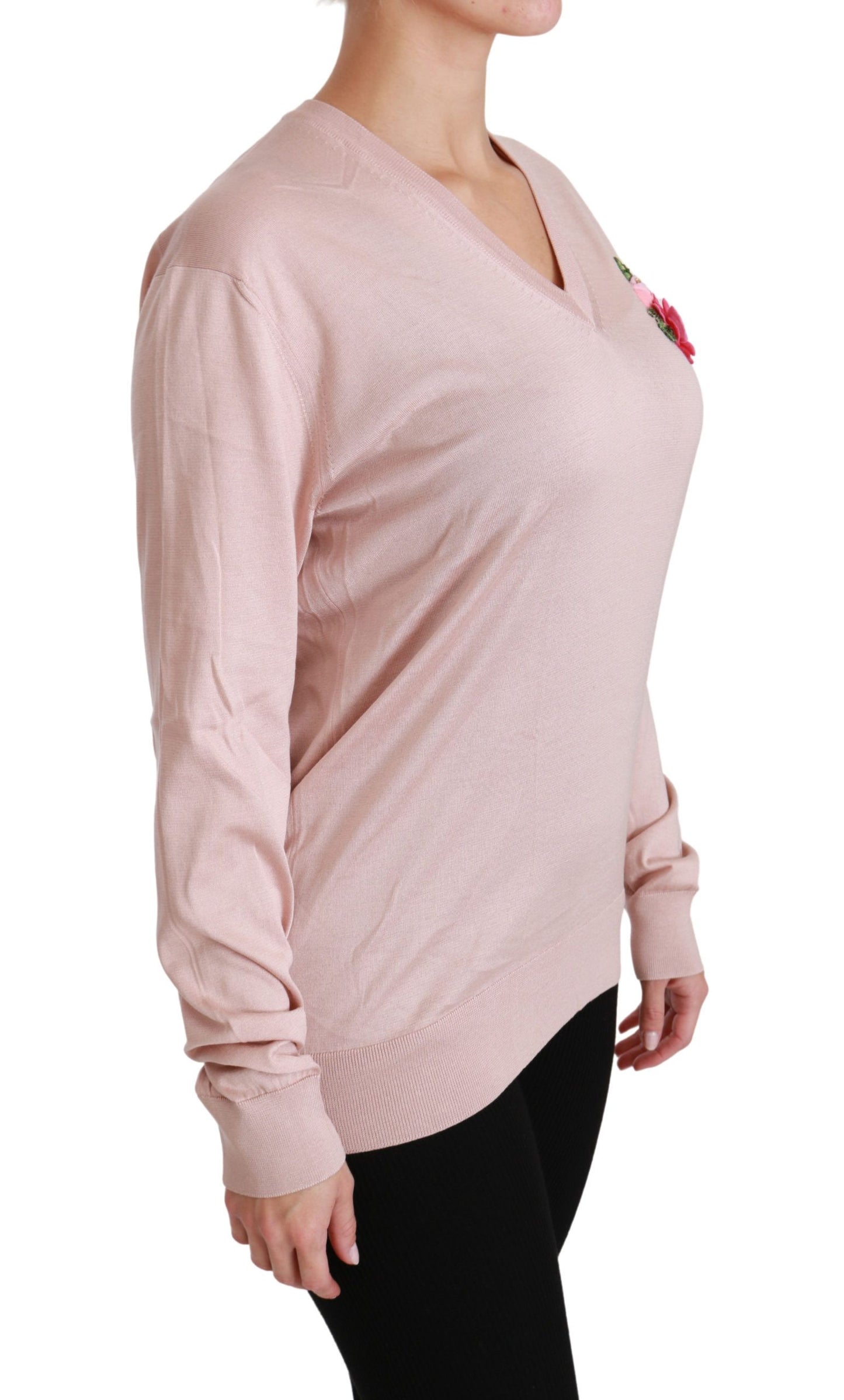 Luxurious pink floral embellished V-neck long sleeve pullover