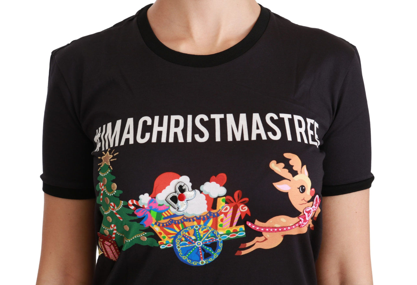 Dolce & Gabbana Black Cotton Crewneck Tee with Unique Print for Men