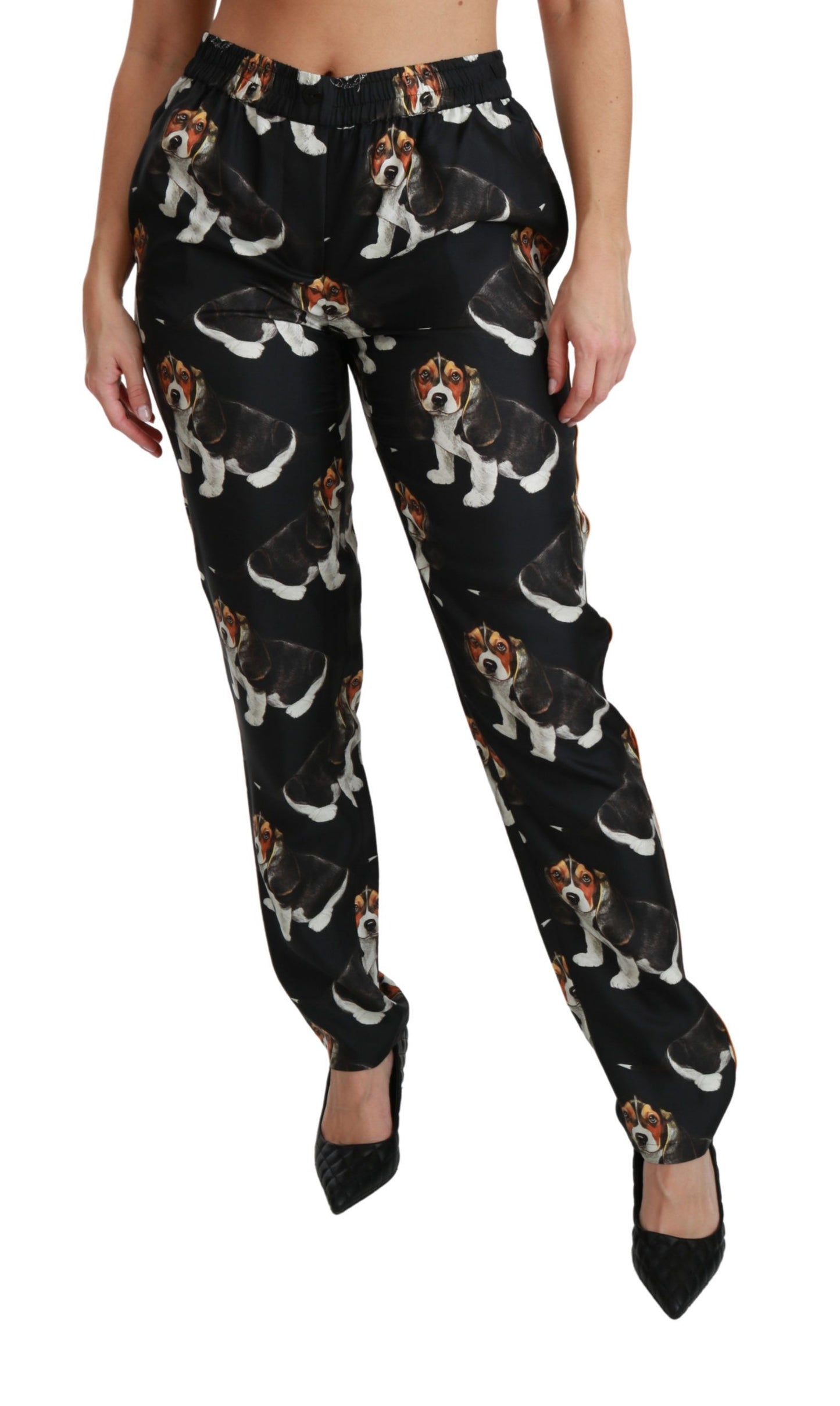 Luxurious black silk pants with playful puppy dog print