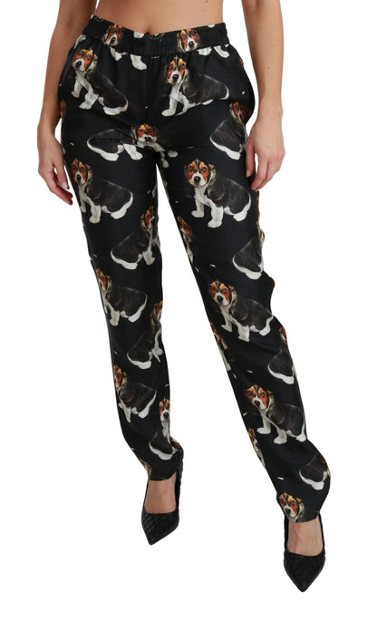 Luxurious black silk pants with playful puppy dog print