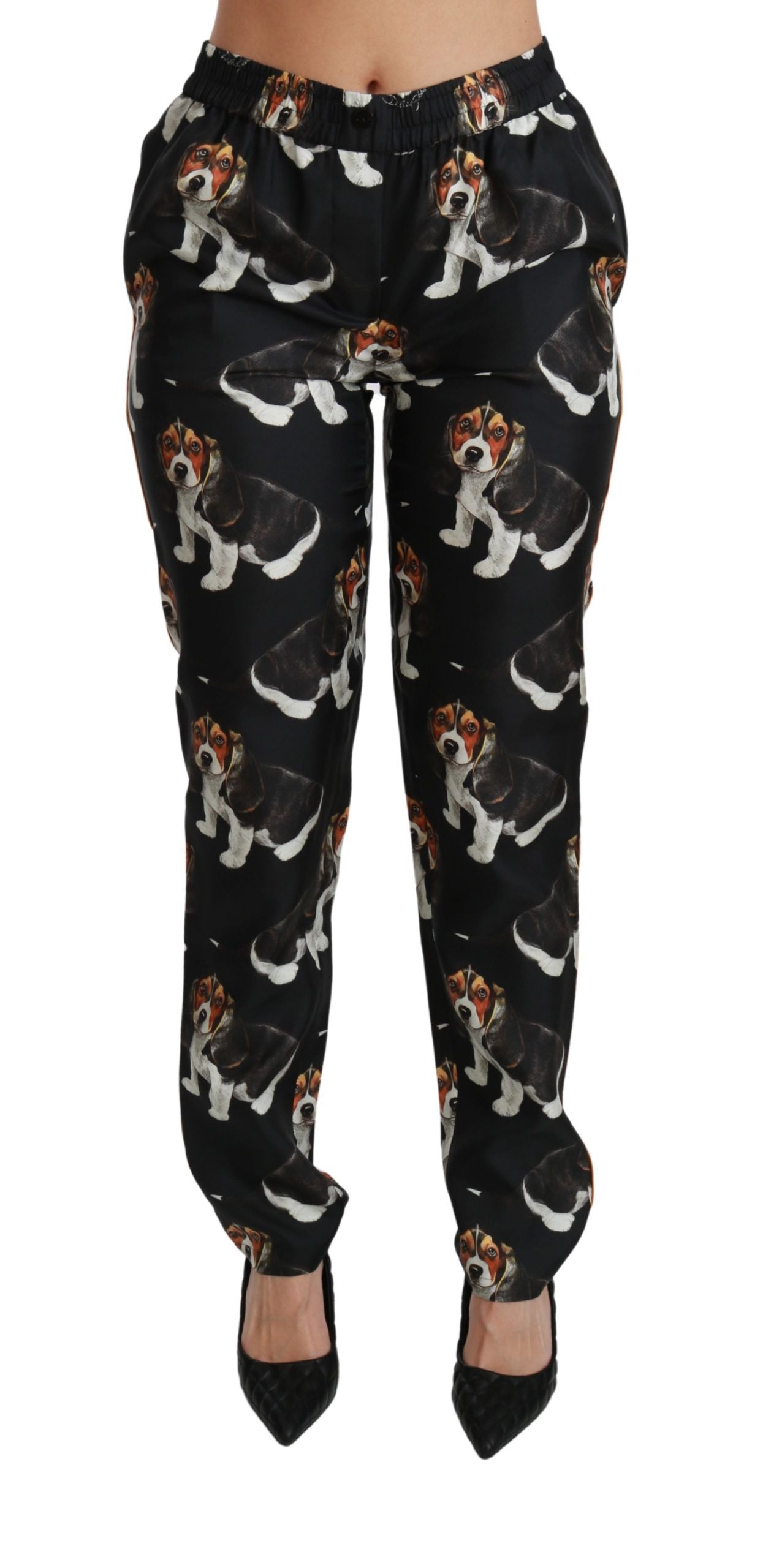 Dolce & Gabbana Elegant Silk Puppy Dog Print Pants in Black