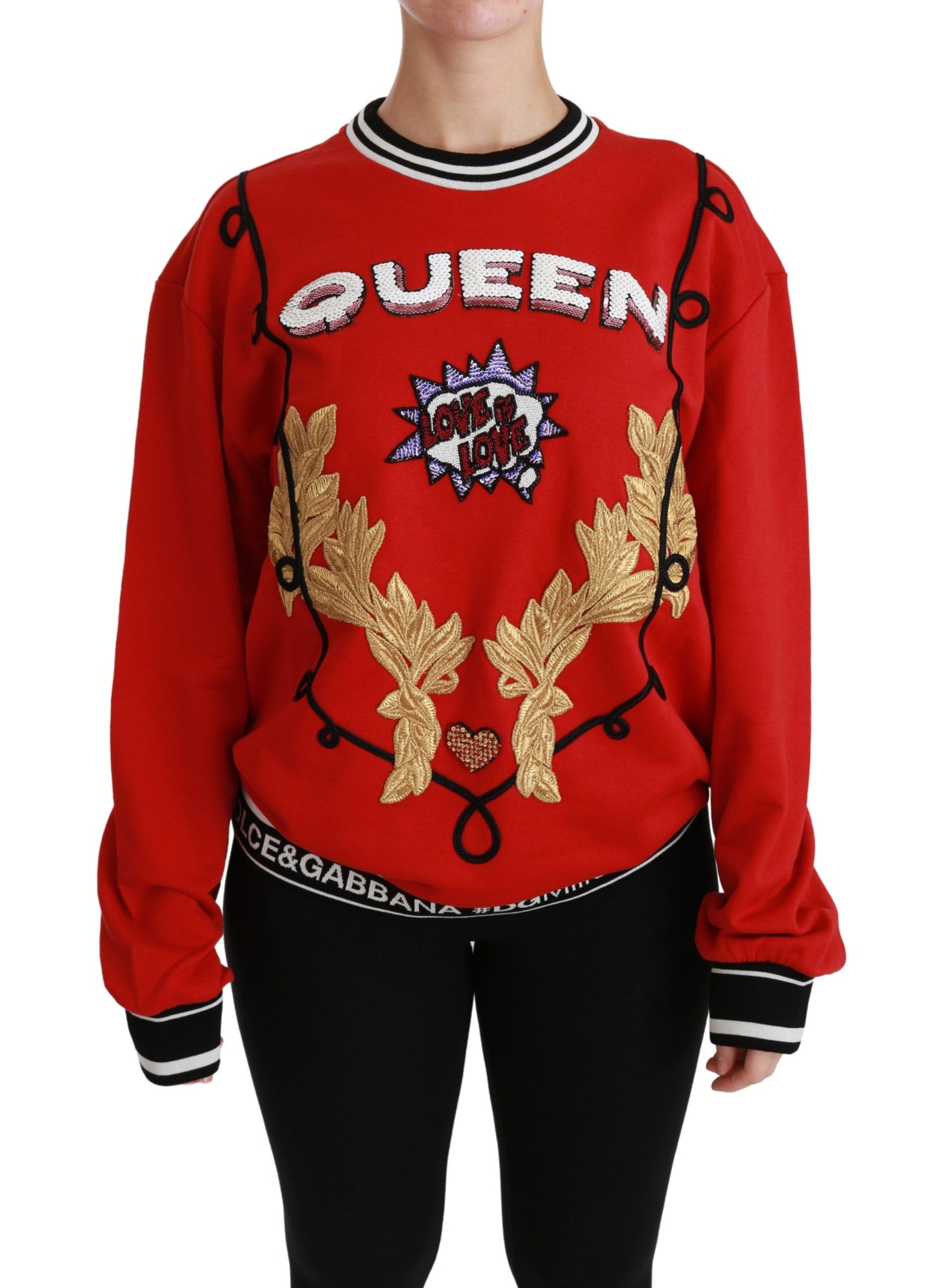 Dolce & Gabbana Radiant Red Sequined Crew Neck Sweater with Queen motif and gold embroidery