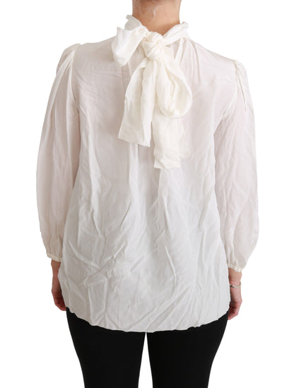 Exquisite 100% Silk White Turtle Neck Blouse with subtle logo details