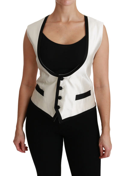 Dolce & Gabbana Elegant Silk Sleeveless Vest in Black & White, stylish high-end fashion for formal occasions
