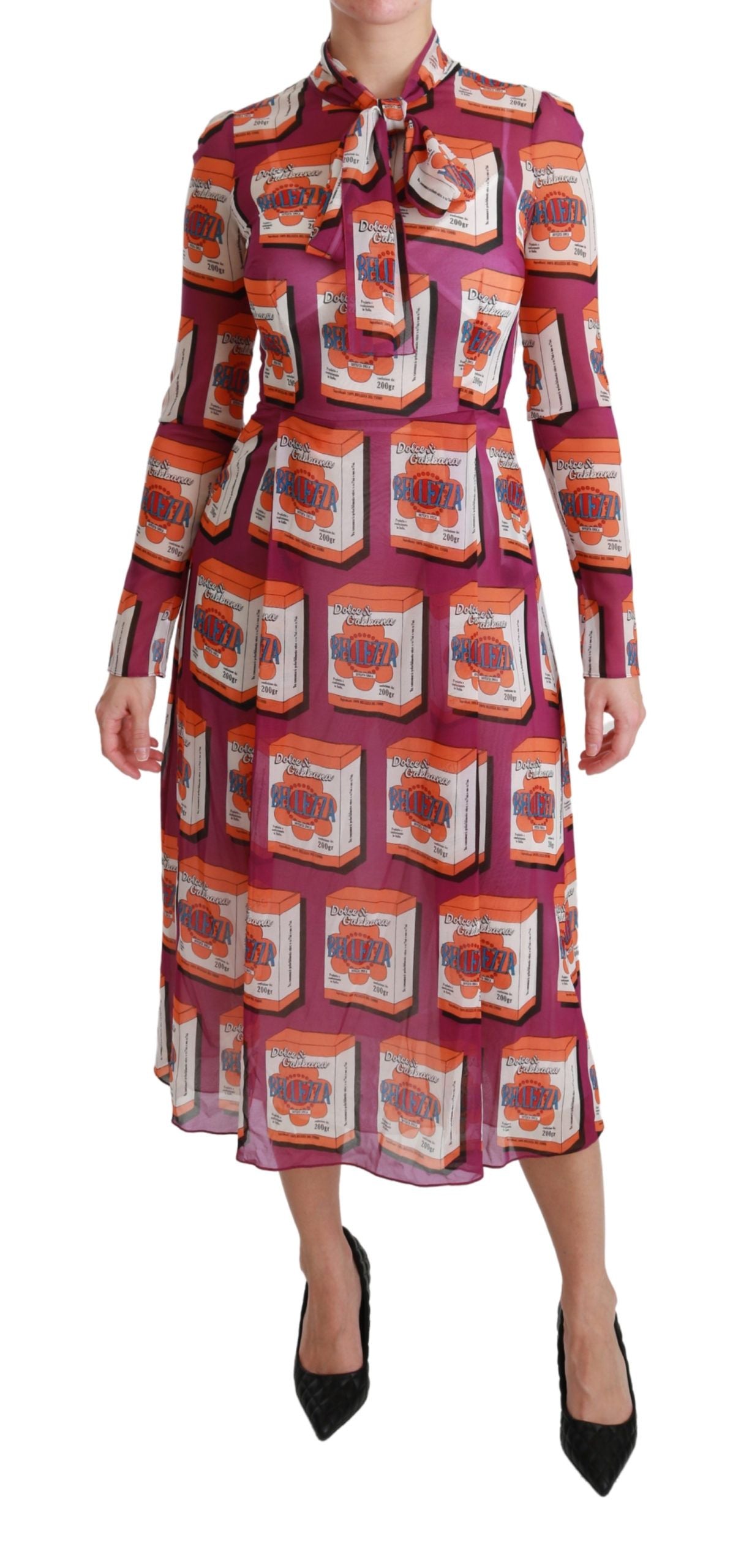 Dolce & Gabbana Elegant Bellezza Print Silk Maxi Dress in vibrant purple with multicolored print