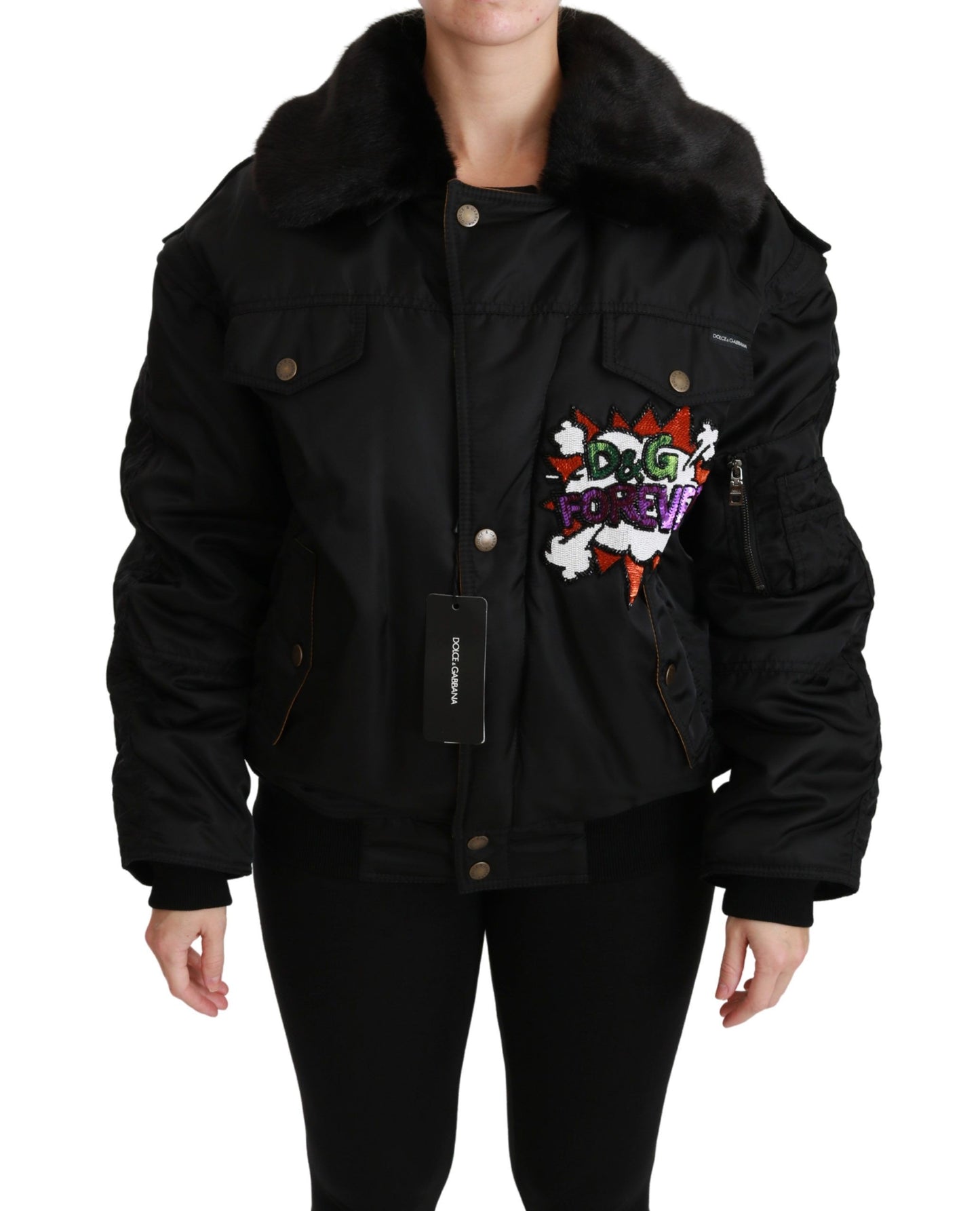 Elegant black bomber jacket with detachable arms and faux fur collar