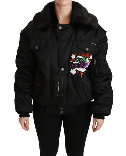 Elegant black bomber jacket with detachable arms and faux fur collar