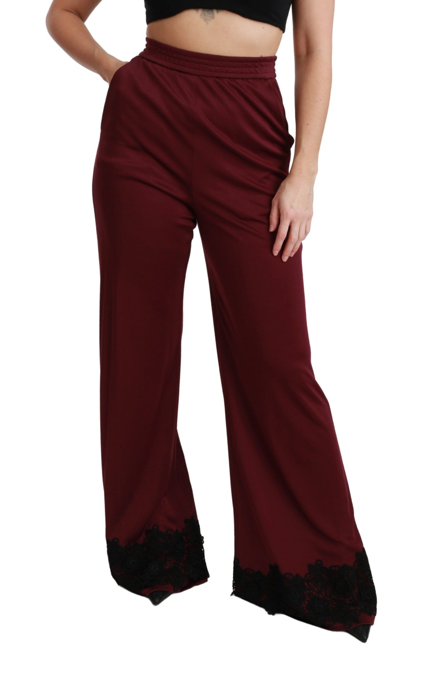 Luxurious maroon wide leg pants with elastic waist for comfortable fit