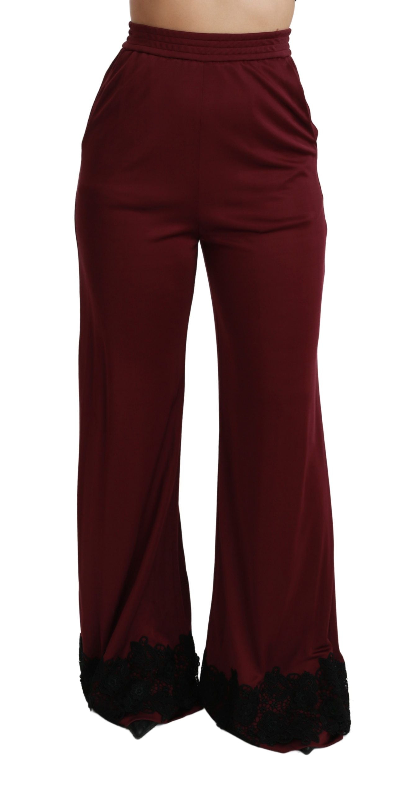 Dolce & Gabbana maroon high waist wide leg trousers with black lace detailing