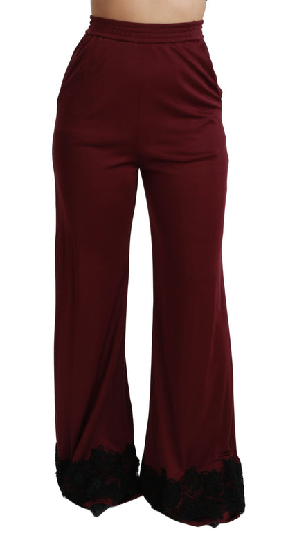 Dolce & Gabbana maroon high waist wide leg trousers with black lace detailing