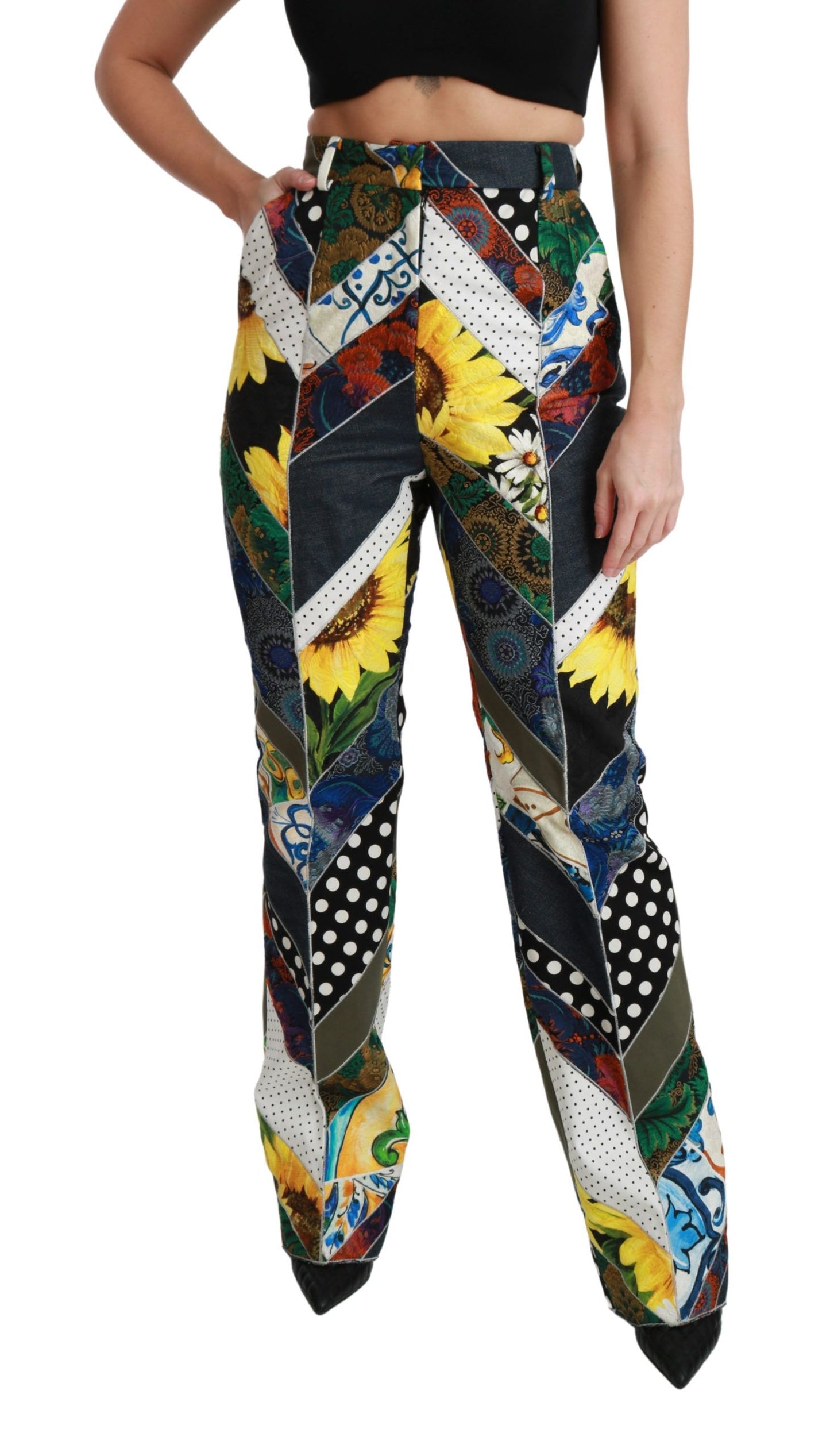 Dolce & Gabbana Elegant High Waist Multicolor Straight Pants made with 55% Cotton, 20% Polyester, 10% Nylon, 5% Silk, 5% Linen, 3% Rayon, 2% Rayon fabric in Italy