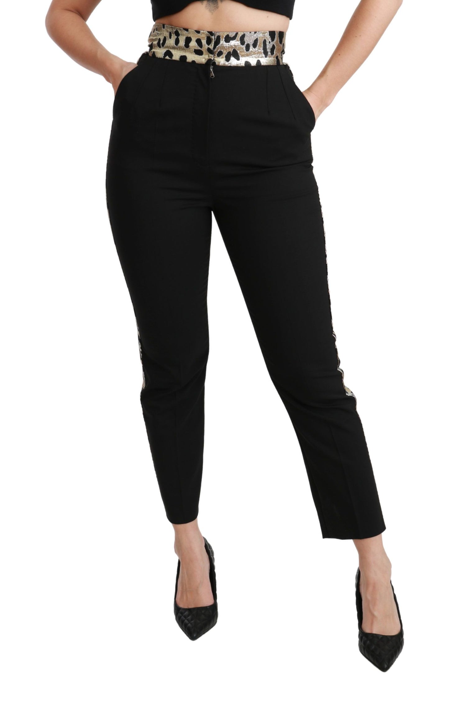 Luxurious Italian-crafted High Waist Pants with captivating gold leopard jacquard pattern