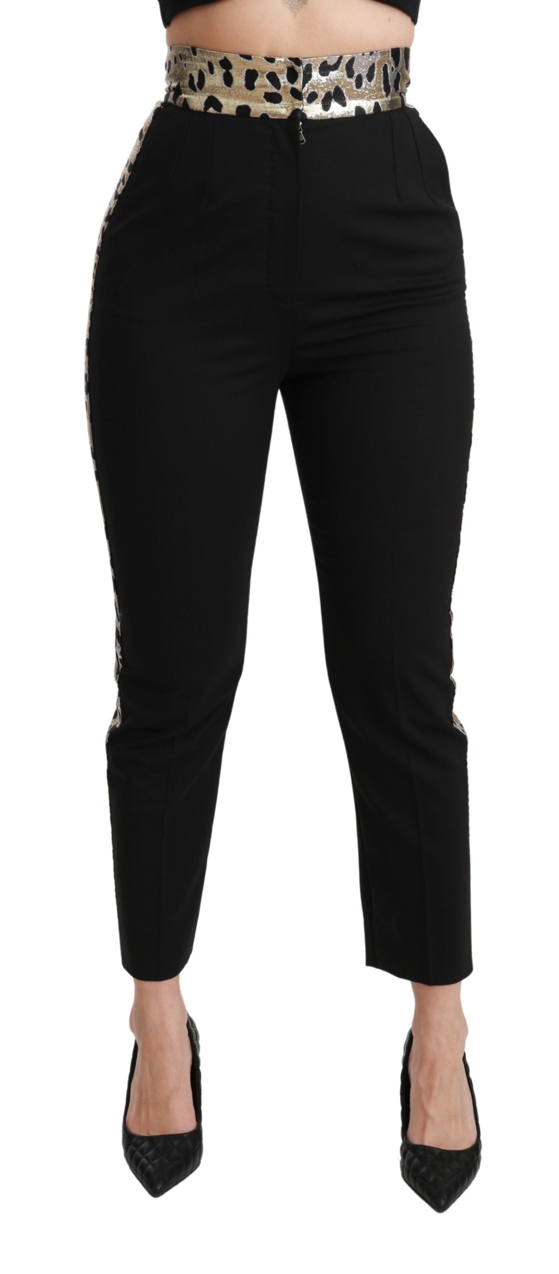 Exquisite Dolce & Gabbana Gold Leopard Jacquard High Waist Pants in Black