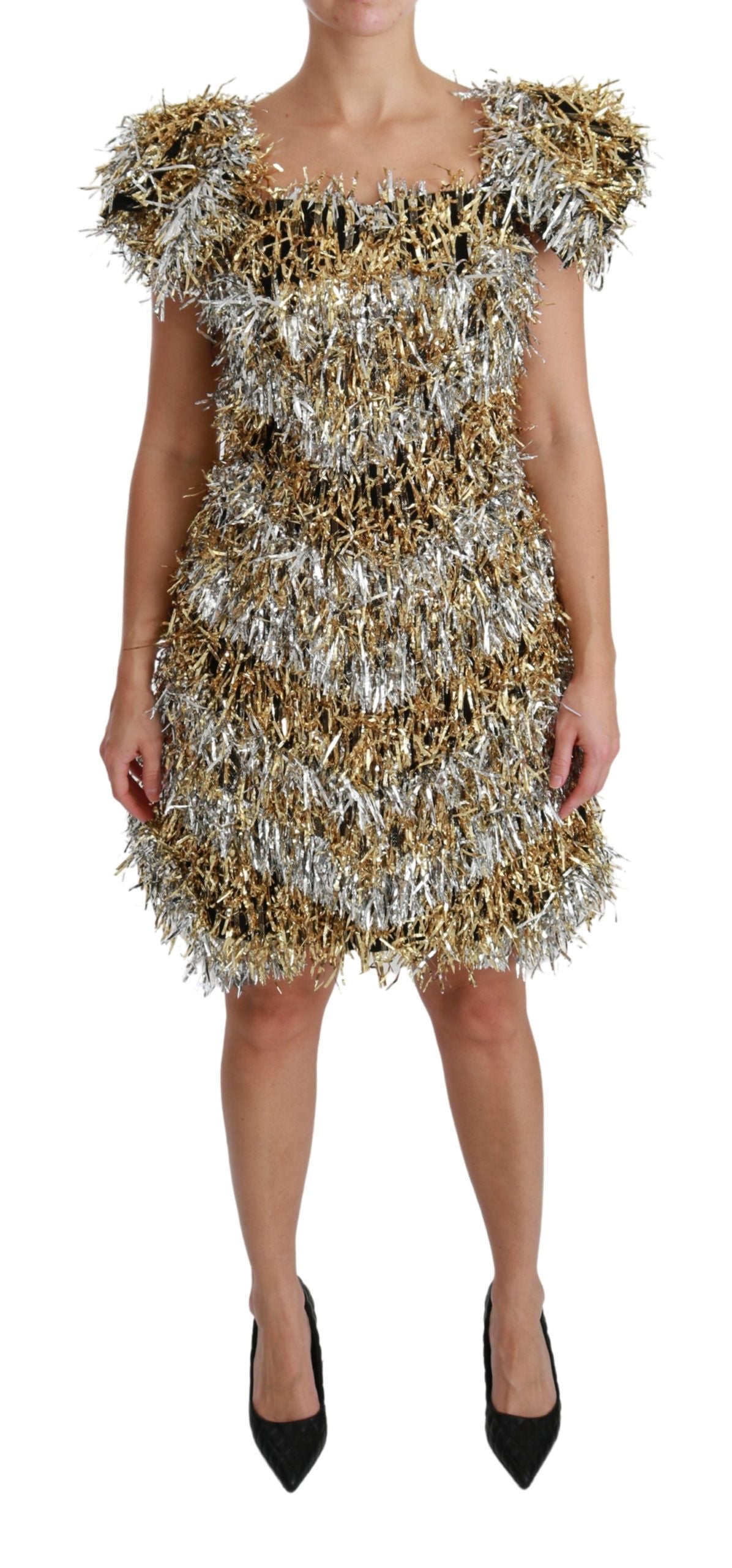 Dolce & Gabbana Elegant Silver Layered Shift Mini Dress with back zipper closure and logo details