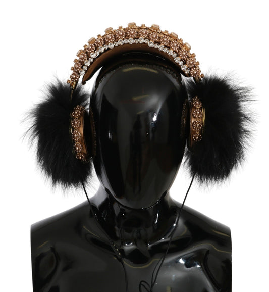 Dolce & Gabbana Gold Black Crystal Embellished Headphones Made of Brass and Fur