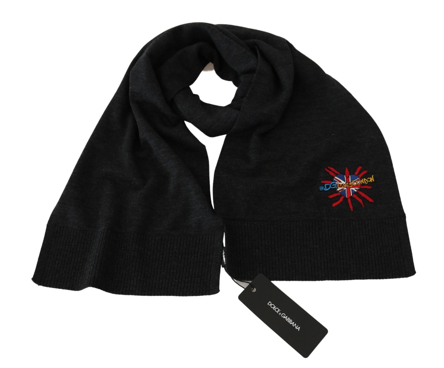 Elegant and sophisticated gray wool scarf with DGLovesLondon embroidery
