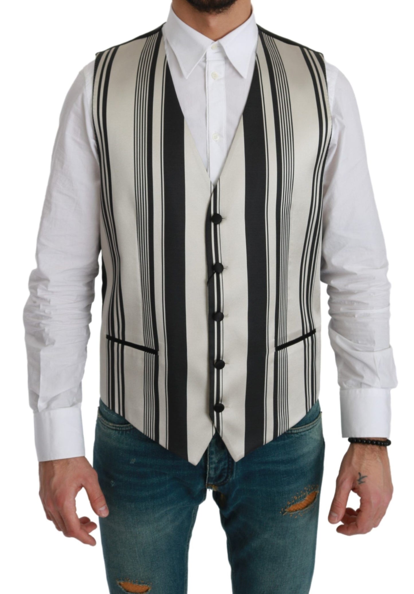 Formal black and off white striped cotton silk dress vest for men