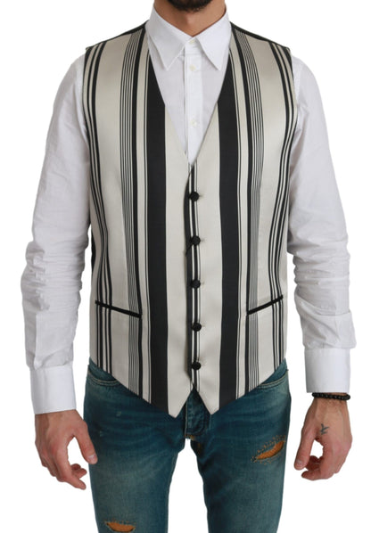 Formal black and off white striped cotton silk dress vest for men
