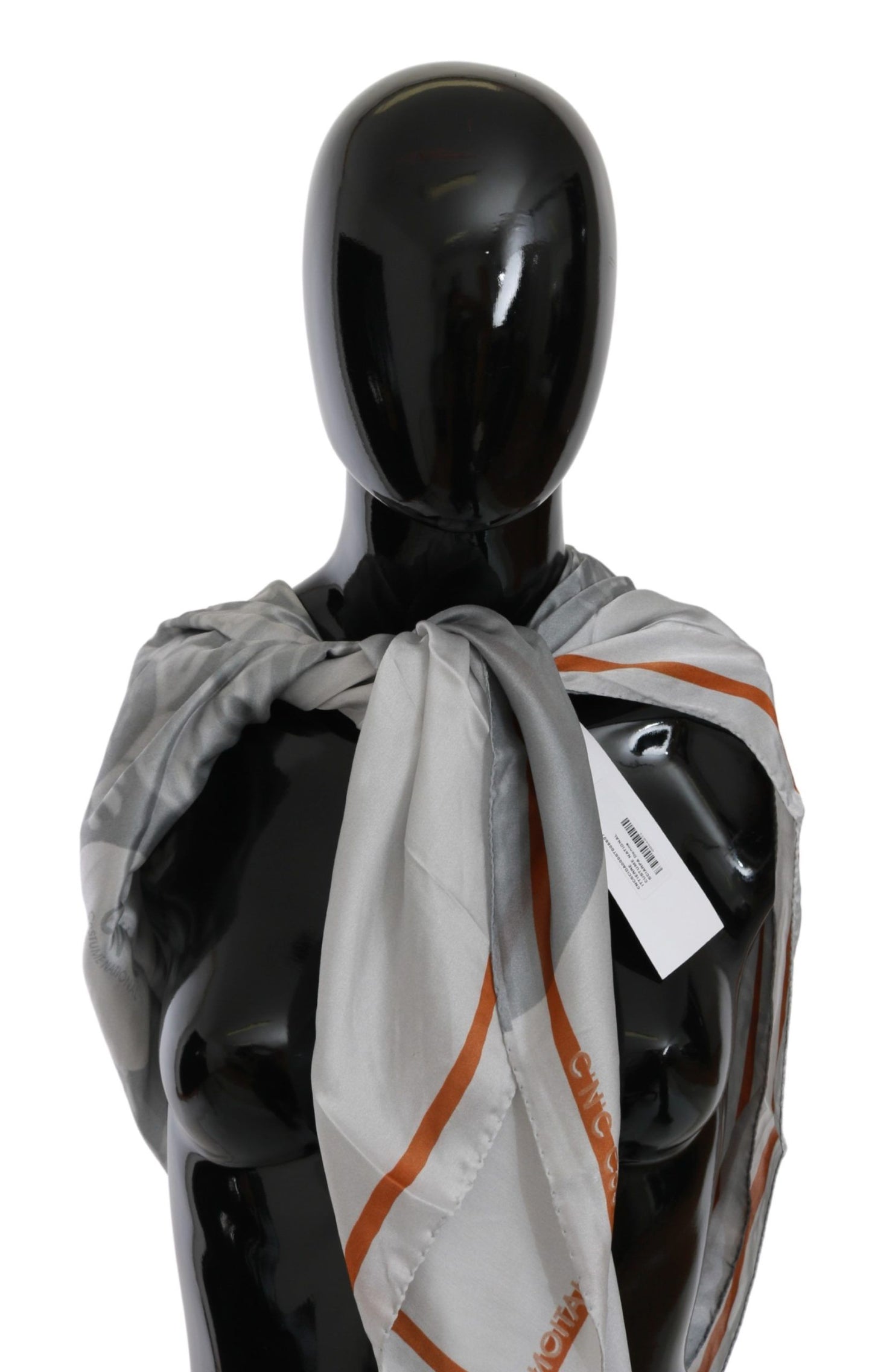 Luxurious gray silk scarf with delicate orange floral print