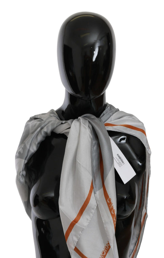 Luxurious gray silk scarf with delicate orange floral print