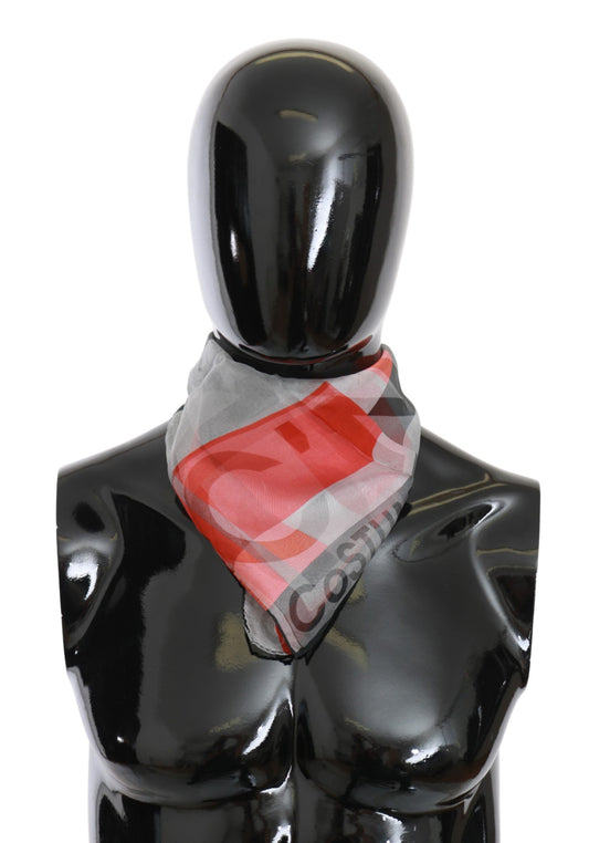 Costume National Elegant Silk Scarf Bandana Hat for Men in Gray and Red Tones with Logo Details