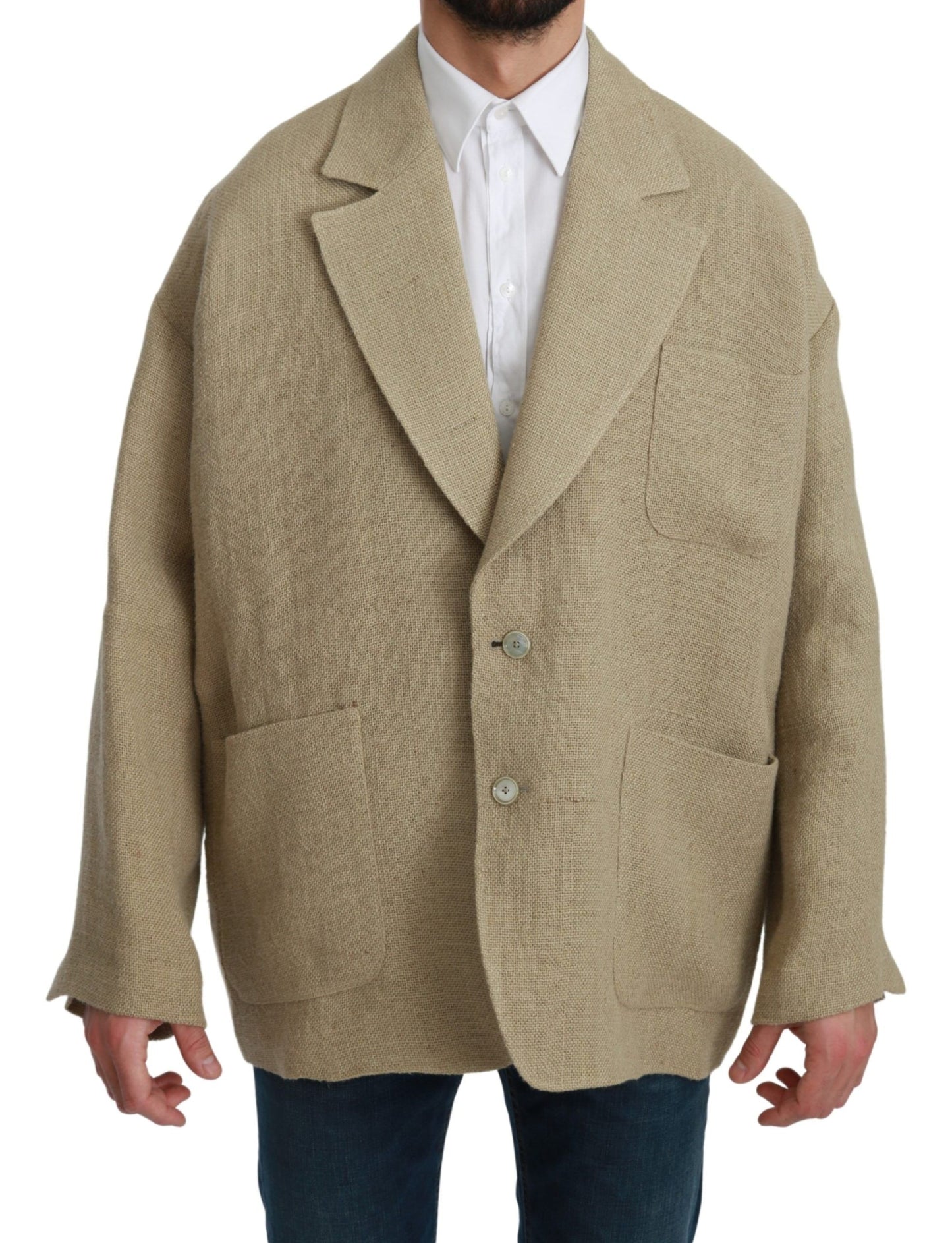 Luxurious Dolce & Gabbana Chic Beige Jute Single-Breasted Blazer with Silk Inner Lining