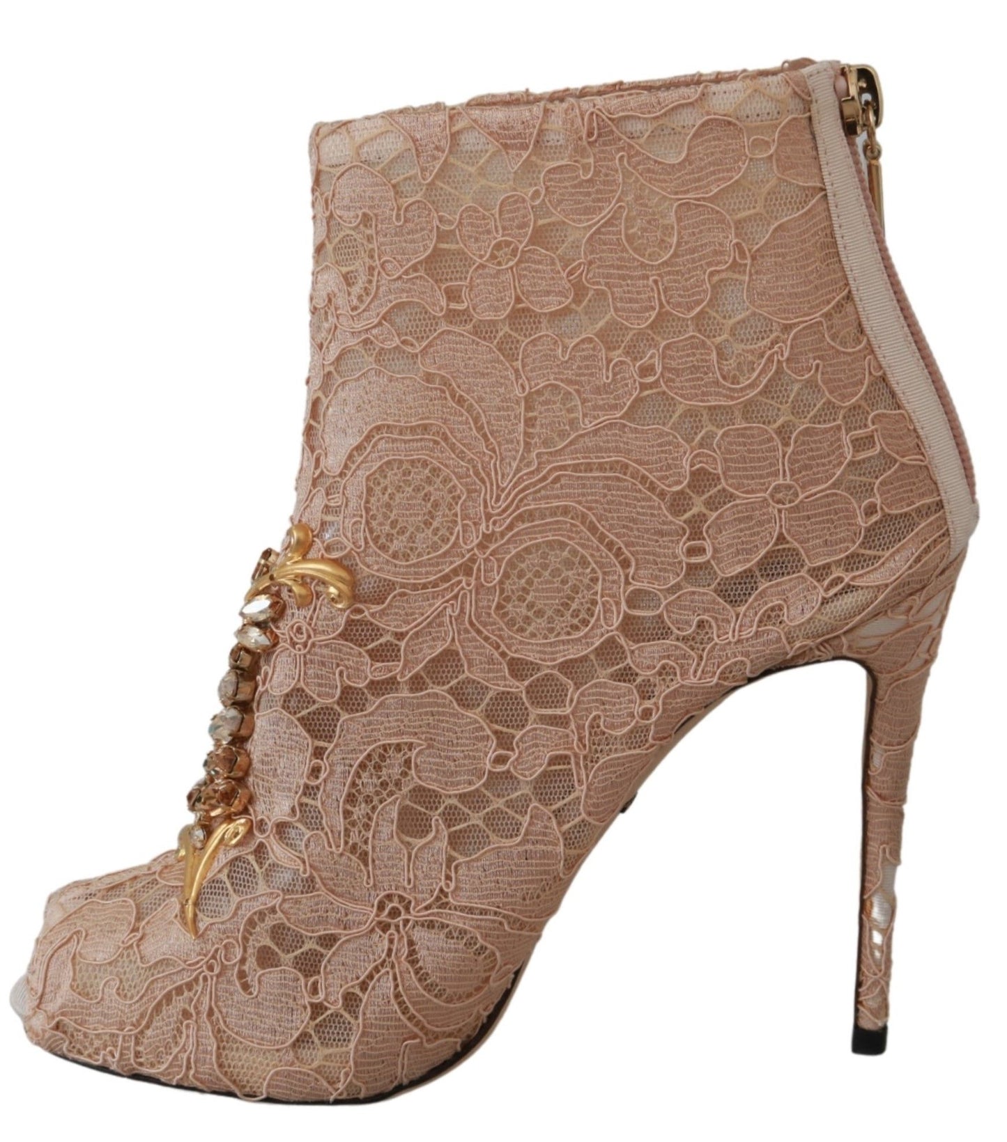 Dolce & Gabbana Elegant Lace Stilettos with Crystal Accents: Luxurious designer footwear for women with intricate lace detailing and sparkling crystal embellishments