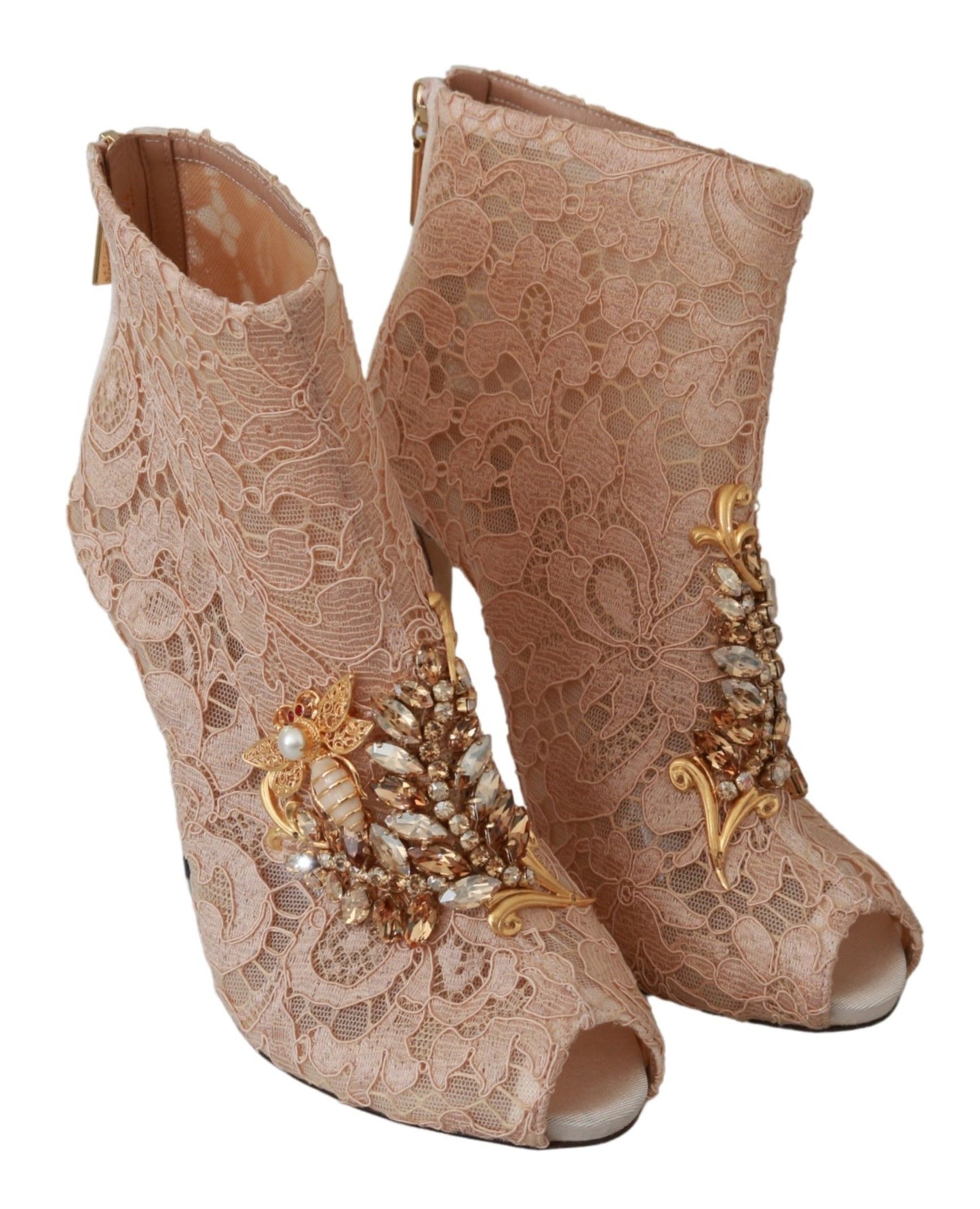 Dolce & Gabbana Elegant Lace Stilettos with Crystal Accents: Black lace heels with sparkling crystal embellishments