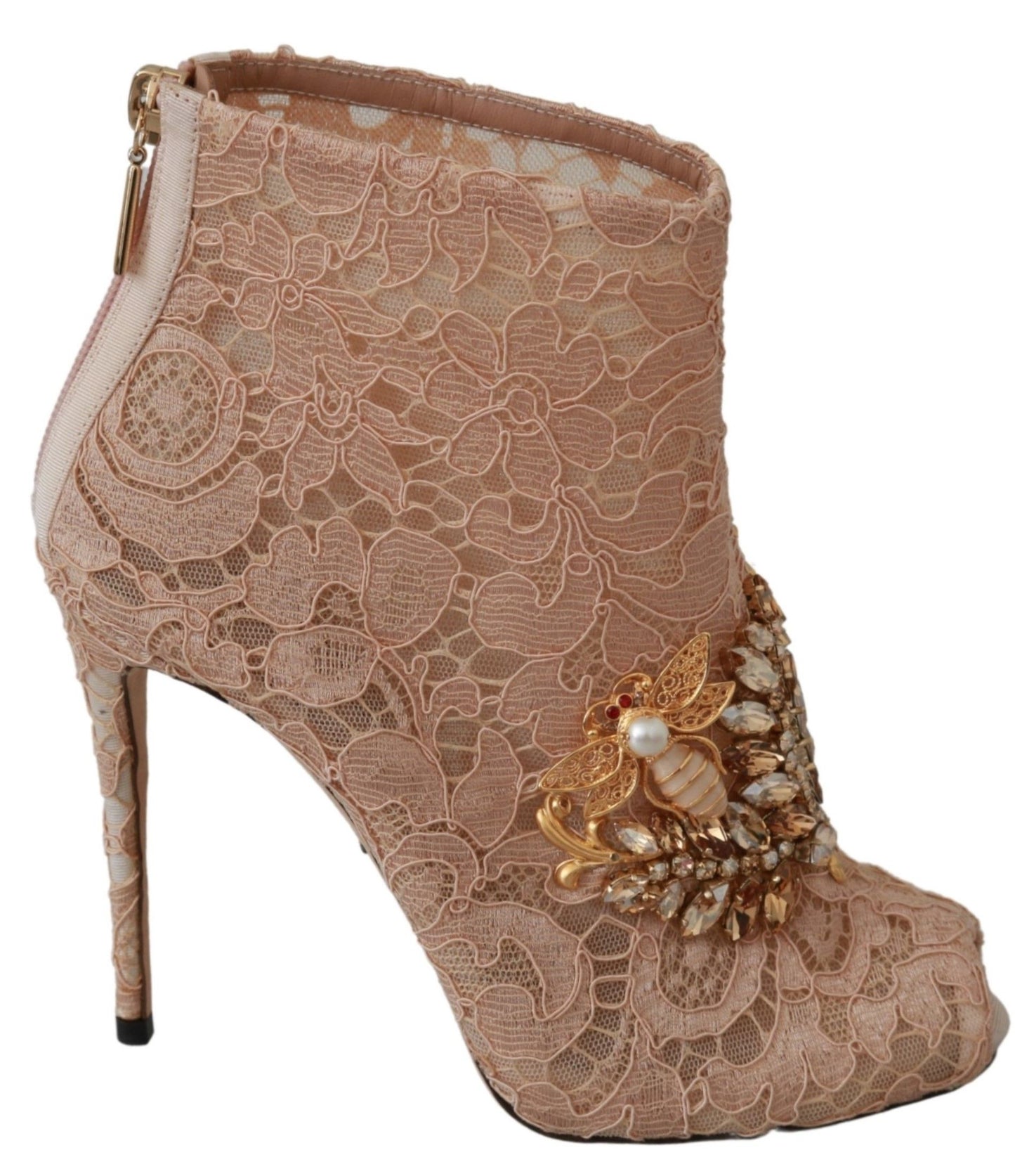 Dolce & Gabbana Elegant Lace Stilettos with Crystal Accents: Black lace high heels with sparkling crystal details and elegant design
