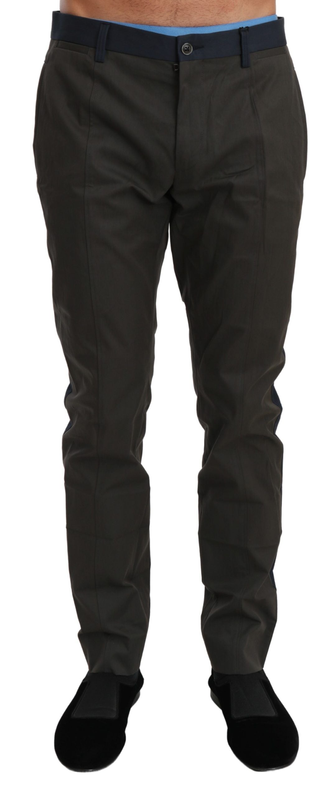 Dolce & Gabbana Elegant Slim Fit Striped Casual Pants in Gray and Blue with Front and Back Pockets and Subtle Logo Details