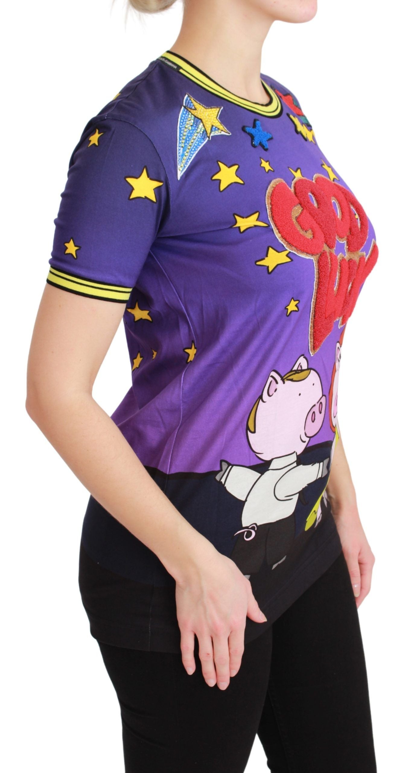 Dolce & Gabbana Elegant Crewneck Motive Tee in Purple with captivating ‘Year of the Pig 2019, Good Luck’ motif