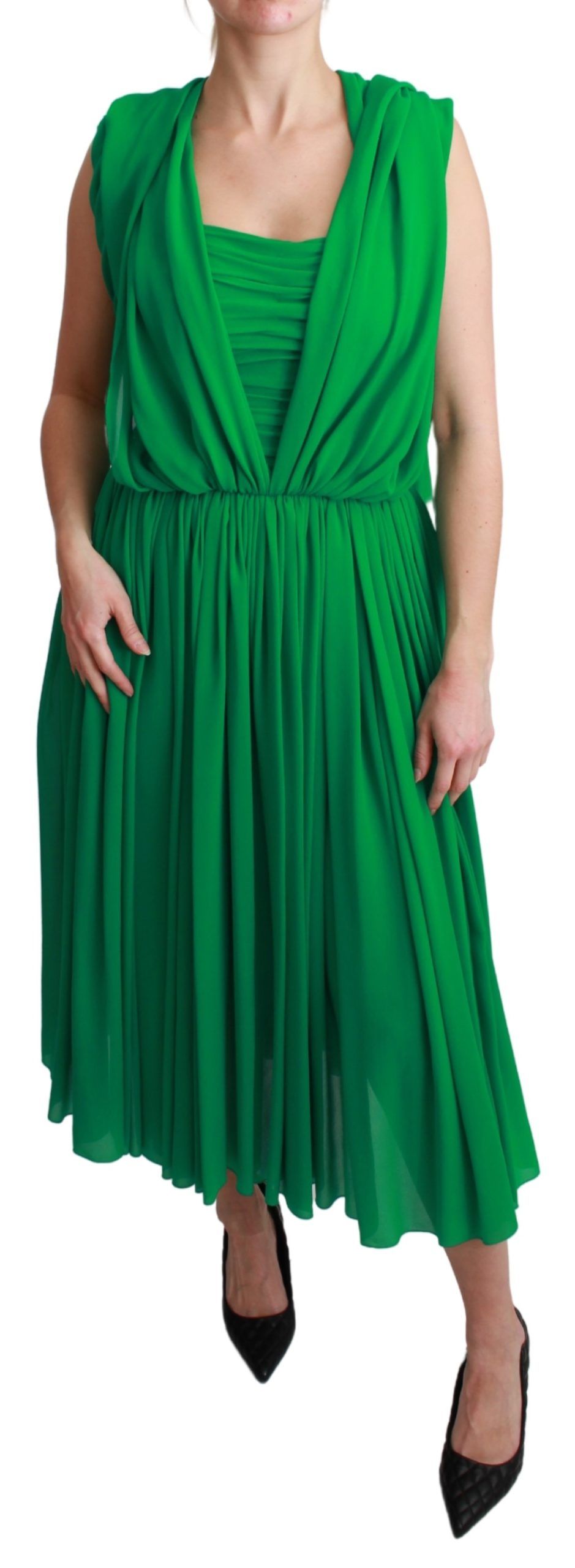 Dolce & Gabbana Elegant Sleeveless Pleated Silk Maxi Dress in vibrant green with logo details