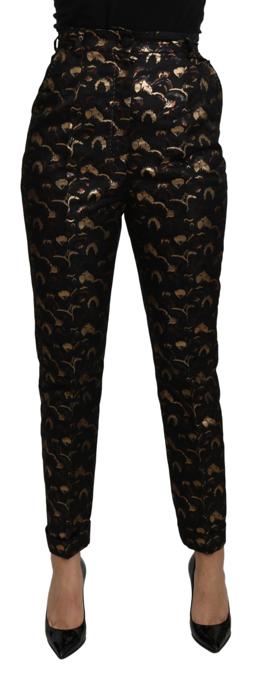 Dolce & Gabbana Elegant High Waist Tapered Brocade Pants in Black and Gold